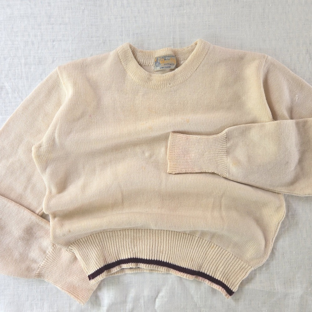 VTG Quality Knitting Co Womens S Sweater Cream Virgin Wool‎ DISTRESSED USA 19x20